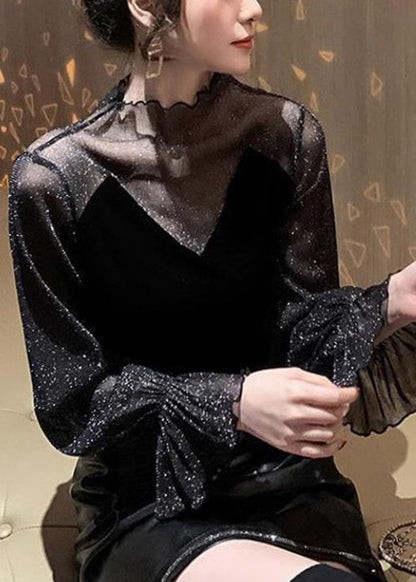 Stylish Black Tulle Patchwork Silk Velour Blouses Flare Sleeve Wm020