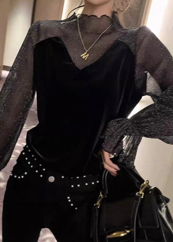 Stylish Black Tulle Patchwork Silk Velour Blouses Flare Sleeve Wm020