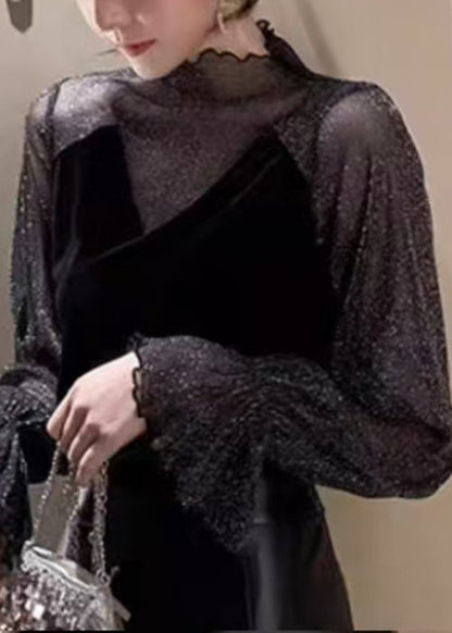 Stylish Black Tulle Patchwork Silk Velour Blouses Flare Sleeve Wm020