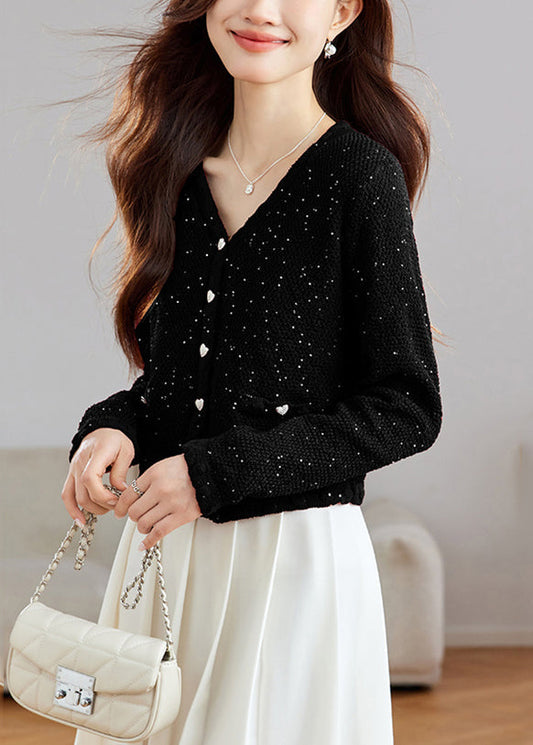 Stylish Black V Neck Button Sequins Wool Knit Cardigans Fall Qs016