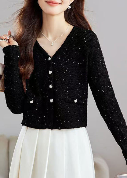 Stylish Black V Neck Button Sequins Wool Knit Cardigans Fall Qs016
