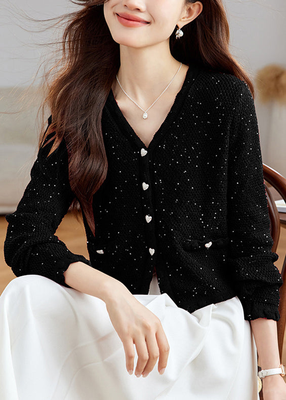 Stylish Black V Neck Button Sequins Wool Knit Cardigans Fall Qs016