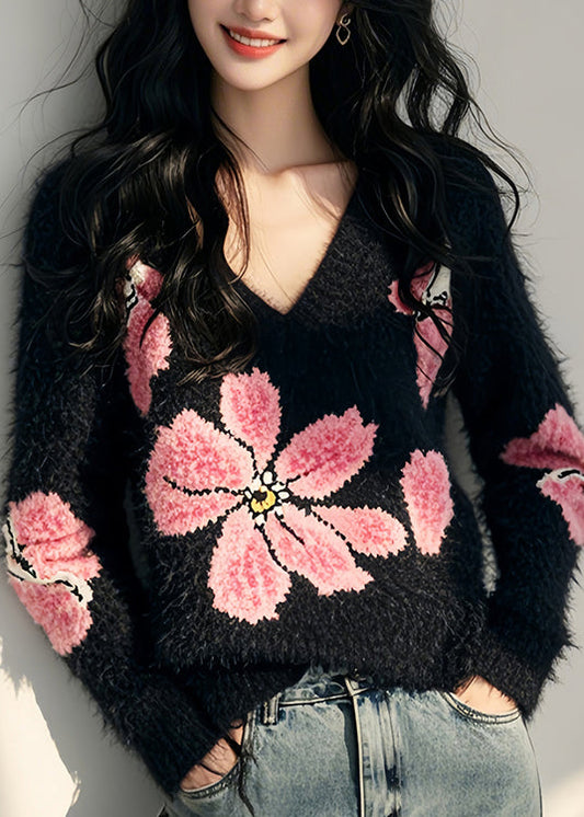 Stylish Black V Neck Ma Hai Mao Knit Sweater Spring Tn034