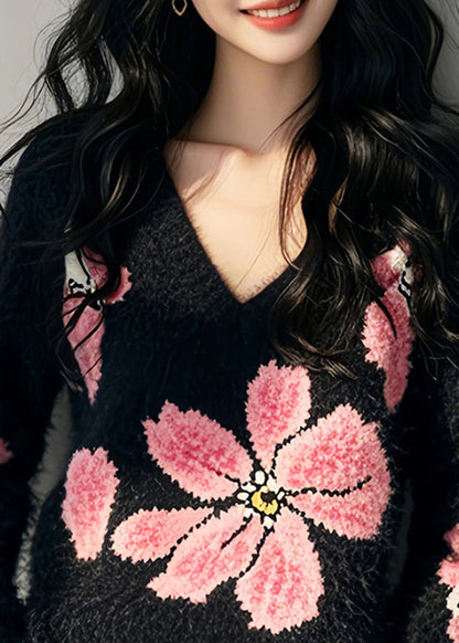 Stylish Black V Neck Ma Hai Mao Knit Sweater Spring Tn034