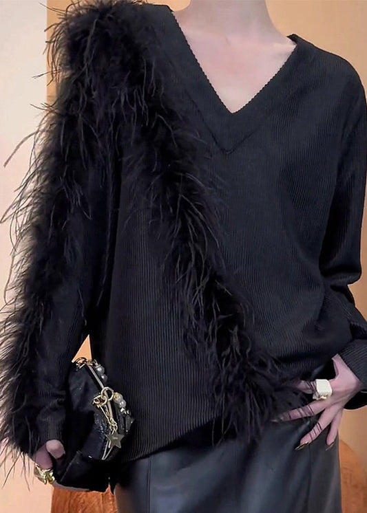 Stylish Black V Neck Patchwork Knit Sweaters Winter Rs042