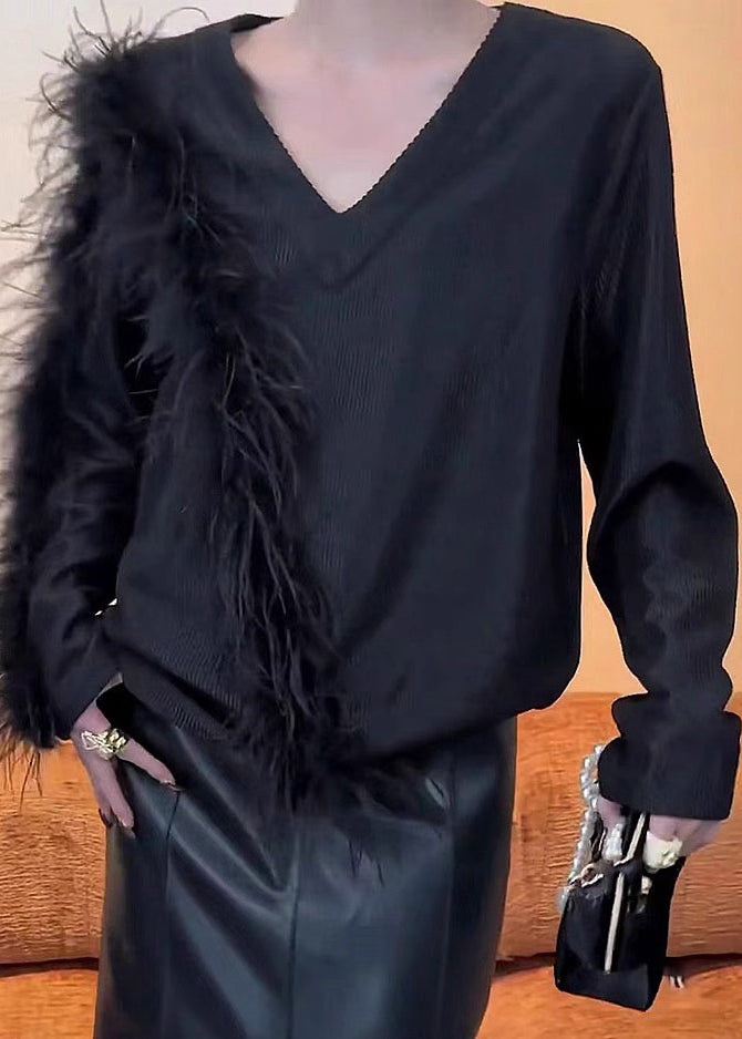 Stylish Black V Neck Patchwork Knit Sweaters Winter Rs042