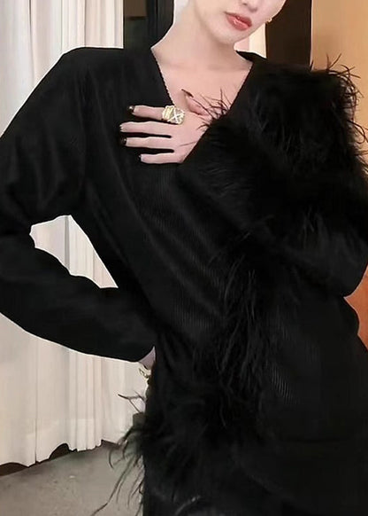 Stylish Black V Neck Patchwork Knit Sweaters Winter Rs042