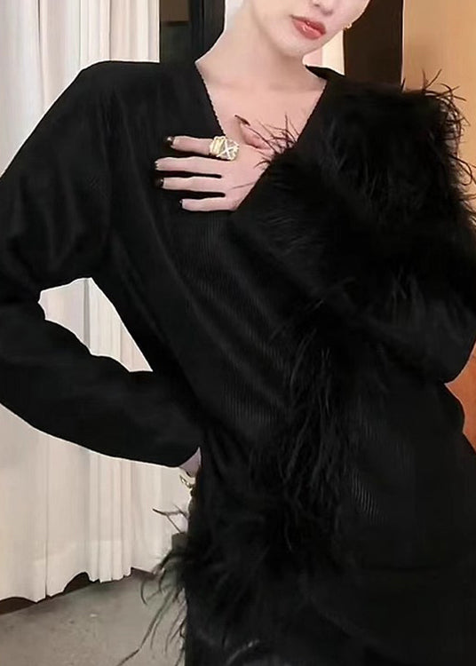 Stylish Black V Neck Patchwork Knit Sweaters Winter Rs042