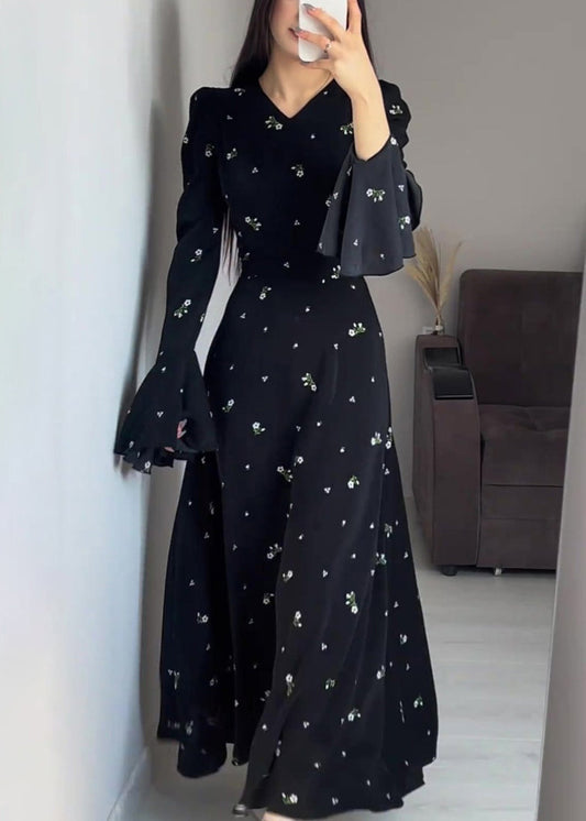 Stylish Black V Neck Print Cotton Maxi Dresses Butterfly Sleeve Ql010
