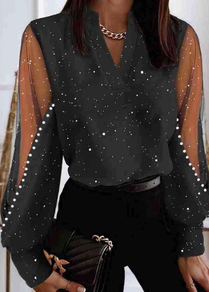 Stylish Black V Neck Tulle Patchwork Blouses Spring Tl031