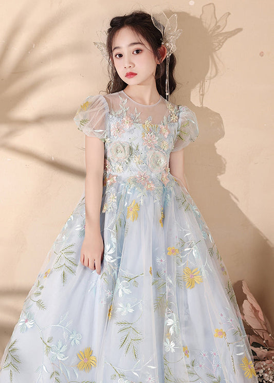 Stylish Blue Embroideried Patchwork Tulle Maxi Dress Summer Qv025