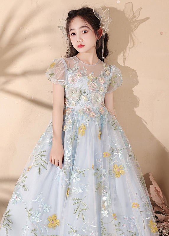 Stylish Blue Embroideried Patchwork Tulle Maxi Dress Summer Qv025