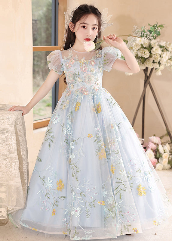 Stylish Blue Embroideried Patchwork Tulle Maxi Dress Summer Qv025
