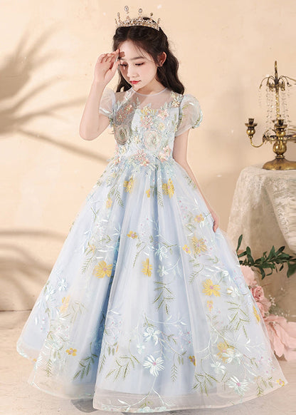 Stylish Blue Embroideried Patchwork Tulle Maxi Dress Summer Qv025