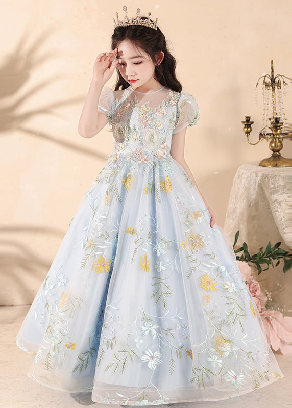 Stylish Blue Embroideried Patchwork Tulle Maxi Dress Summer Qv025