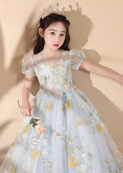 Stylish Blue Embroideried Patchwork Tulle Maxi Dress Summer Qv025