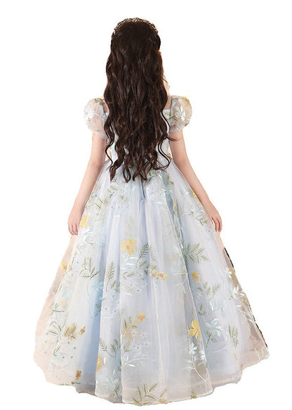 Stylish Blue Embroideried Patchwork Tulle Maxi Dress Summer Qv025
