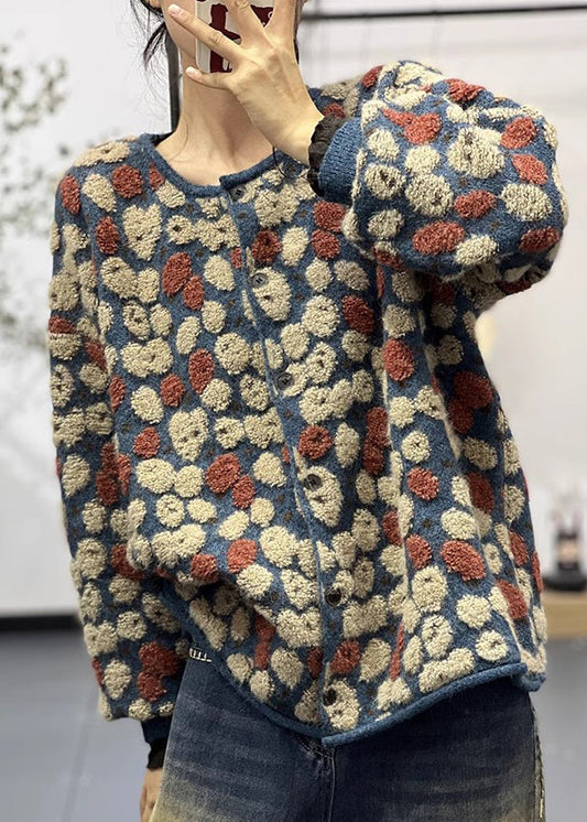 Stylish Blue O Neck Jacquard Knit Sweaters Coats Fall Oo002
