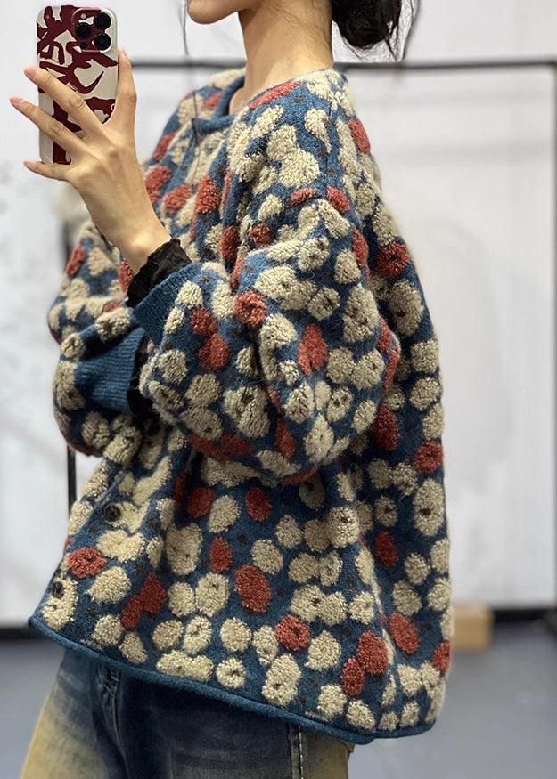 Stylish Blue O Neck Jacquard Knit Sweaters Coats Fall Oo002