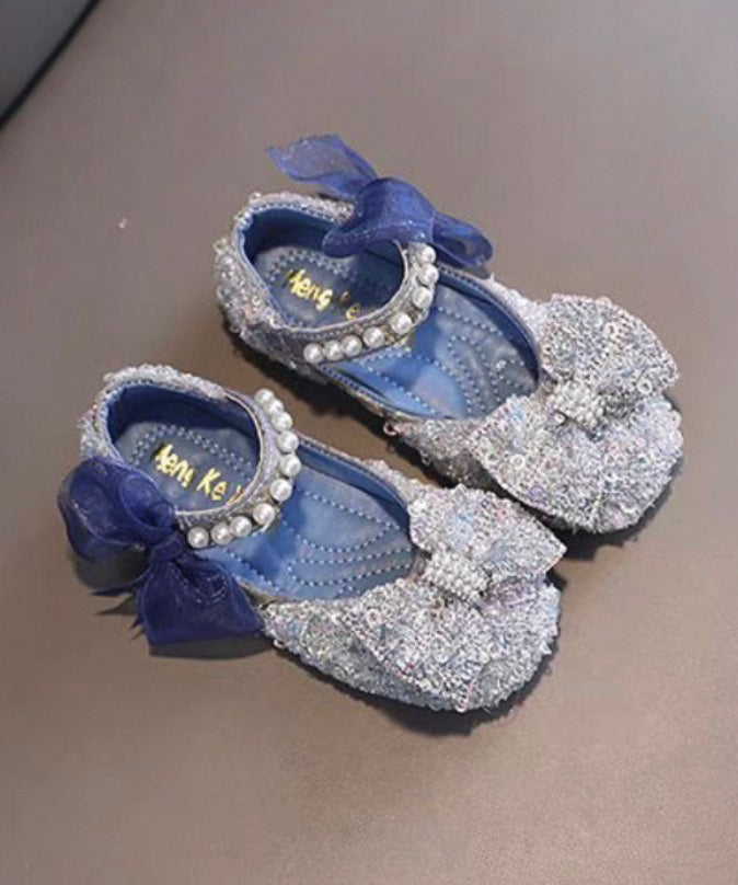 Shoes Stylish Kids Flat Bow Pearl Strap Blue Buckle for