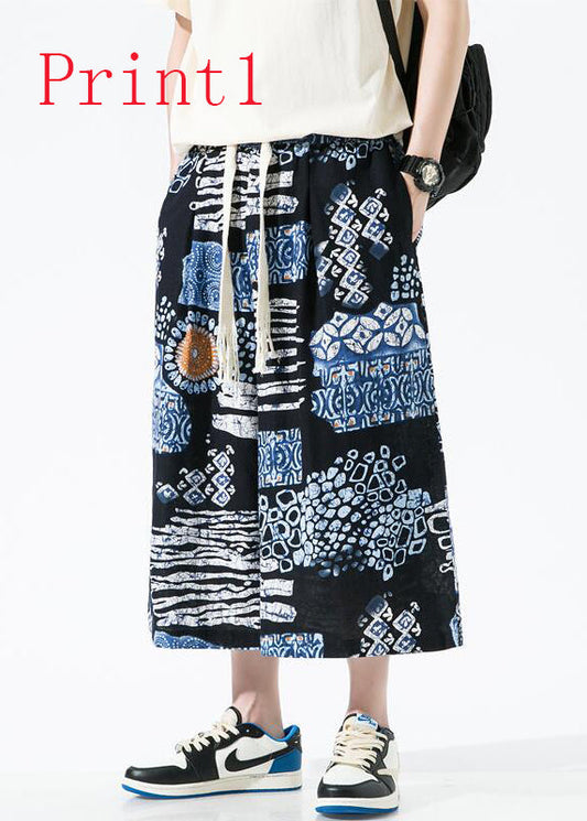 Stylish Blue Pockets Print Cotton Crop Pants Apparel Summer Sa035