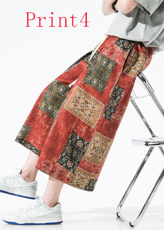 Stylish Blue Pockets Print Cotton Crop Pants Apparel Summer Sa035