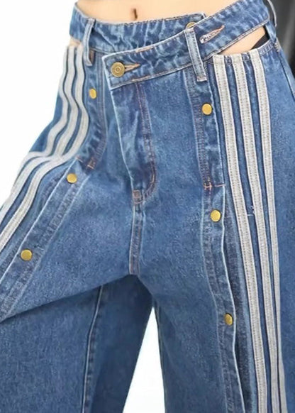 Spring Wide Stylish Pants Leg Open Side Denim Blue Pockets