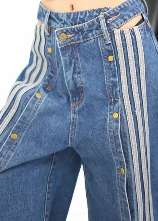 Spring Wide Stylish Pants Leg Open Side Denim Blue Pockets