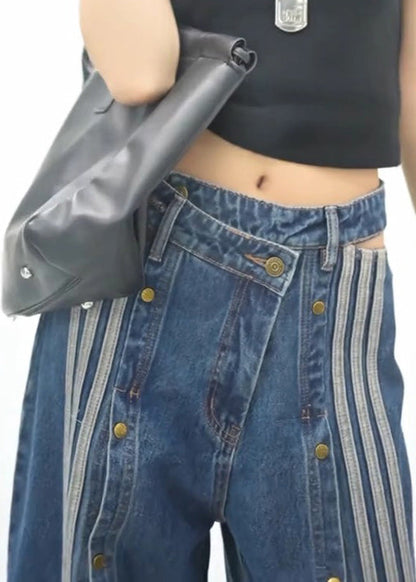 Spring Wide Stylish Pants Leg Open Side Denim Blue Pockets