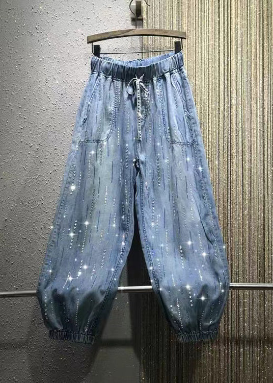 Stylish Blue Pockets Zircon Elastic Waist Denim Pants Summer Bv078