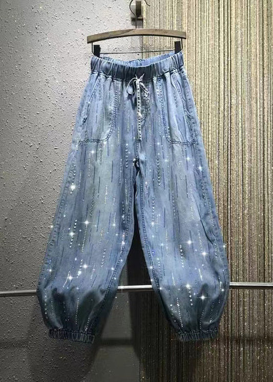 Stylish Blue Pockets Zircon Elastic Waist Denim Pants Summer Bv078