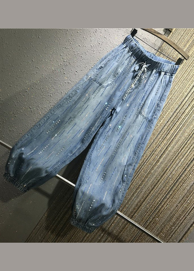 Stylish Blue Pockets Zircon Elastic Waist Denim Pants Summer Bv078