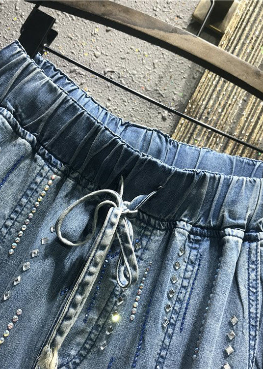Stylish Blue Pockets Zircon Elastic Waist Denim Pants Summer Bv078