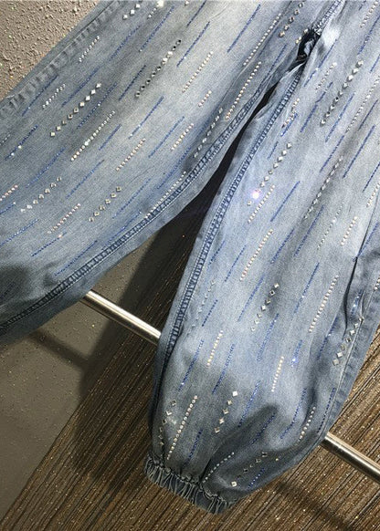 Stylish Blue Pockets Zircon Elastic Waist Denim Pants Summer Bv078