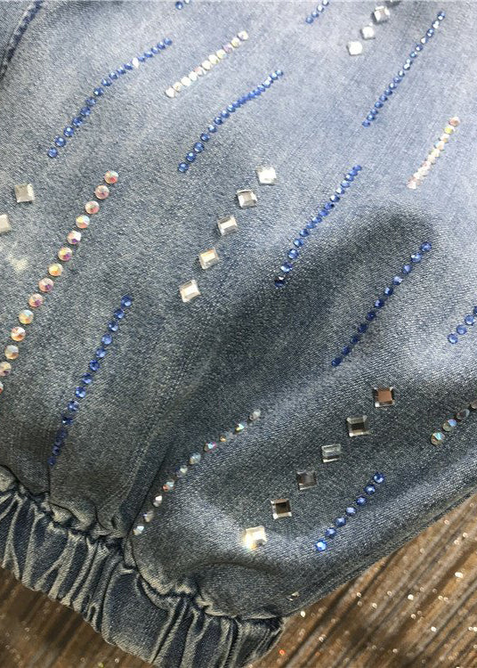 Stylish Blue Pockets Zircon Elastic Waist Denim Pants Summer Bv078