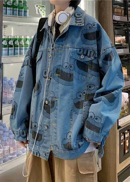 Stylish Button Blue Spring Print Coats Denim