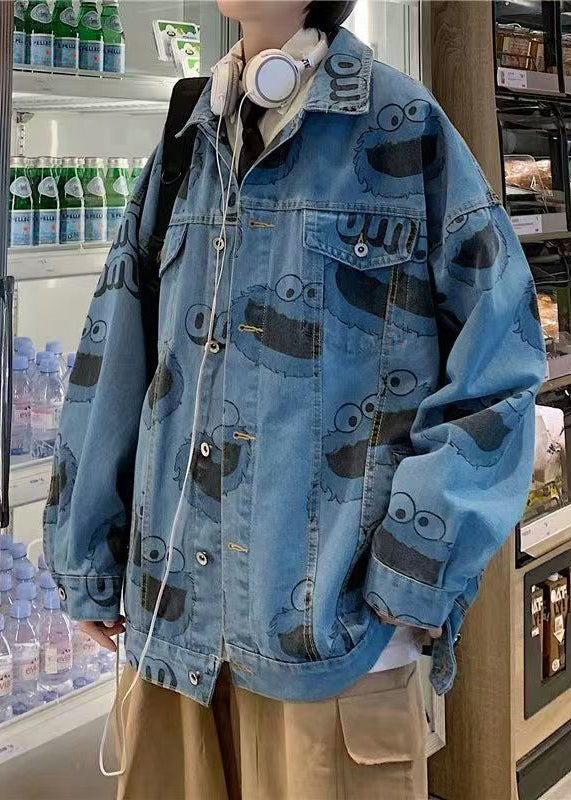 Stylish Button Blue Spring Print Coats Denim