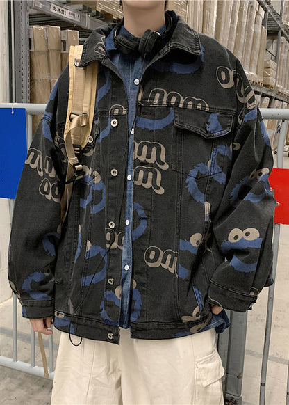 Stylish Button Blue Spring Print Coats Denim