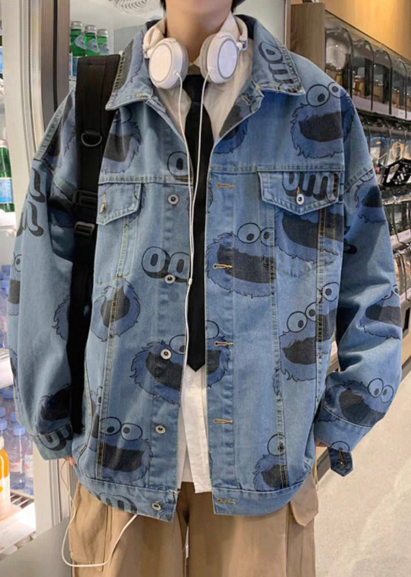 Stylish Button Blue Spring Print Coats Denim