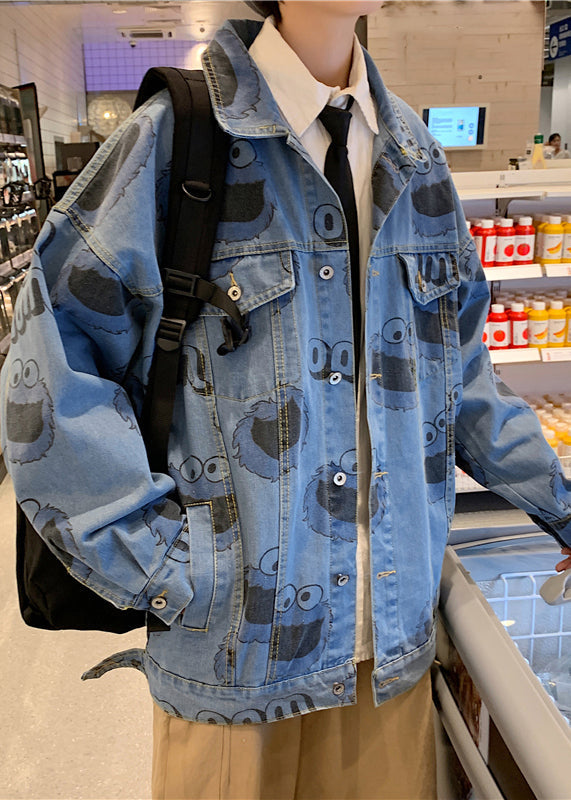 Stylish Button Blue Spring Print Coats Denim