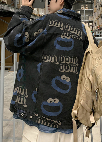 Stylish Button Blue Spring Print Coats Denim