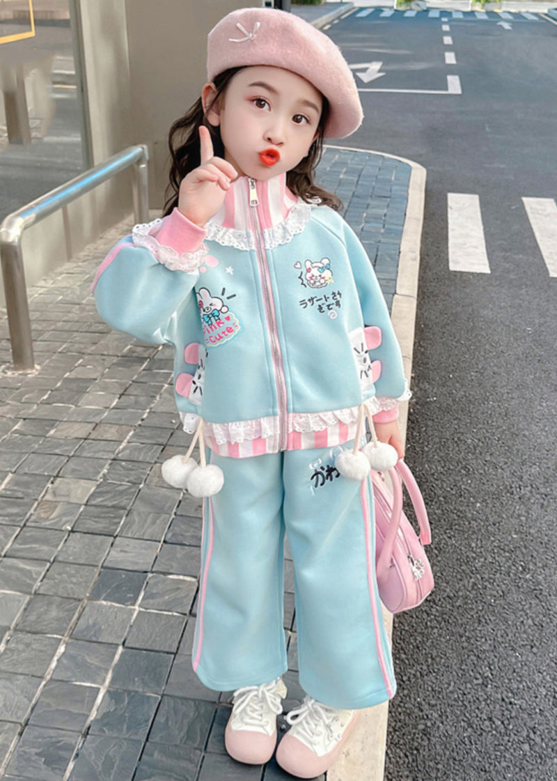 Stylish Blue Ruffled Patchwork Kids Coats and Straight Pants Two Pieces Set Spring Tr027
