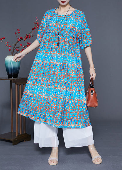Stylish Blue Ruffled Print Silk Long Dresses Summer Lc0378
