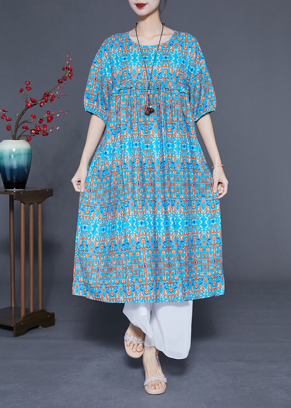 Stylish Blue Ruffled Print Silk Long Dresses Summer Lc0378