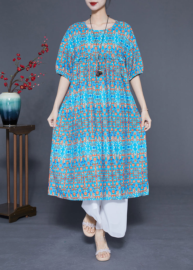 Stylish Blue Ruffled Print Silk Long Dresses Summer Lc0378