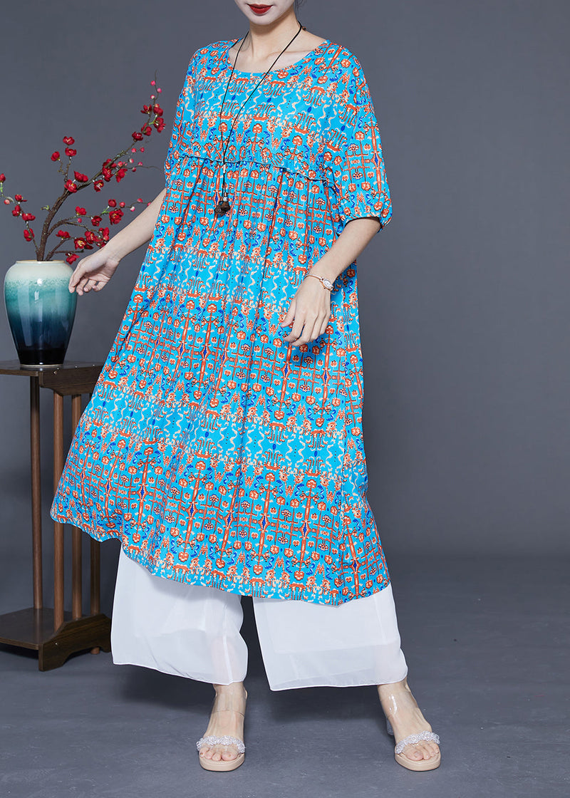 Stylish Blue Ruffled Print Silk Long Dresses Summer Lc0378
