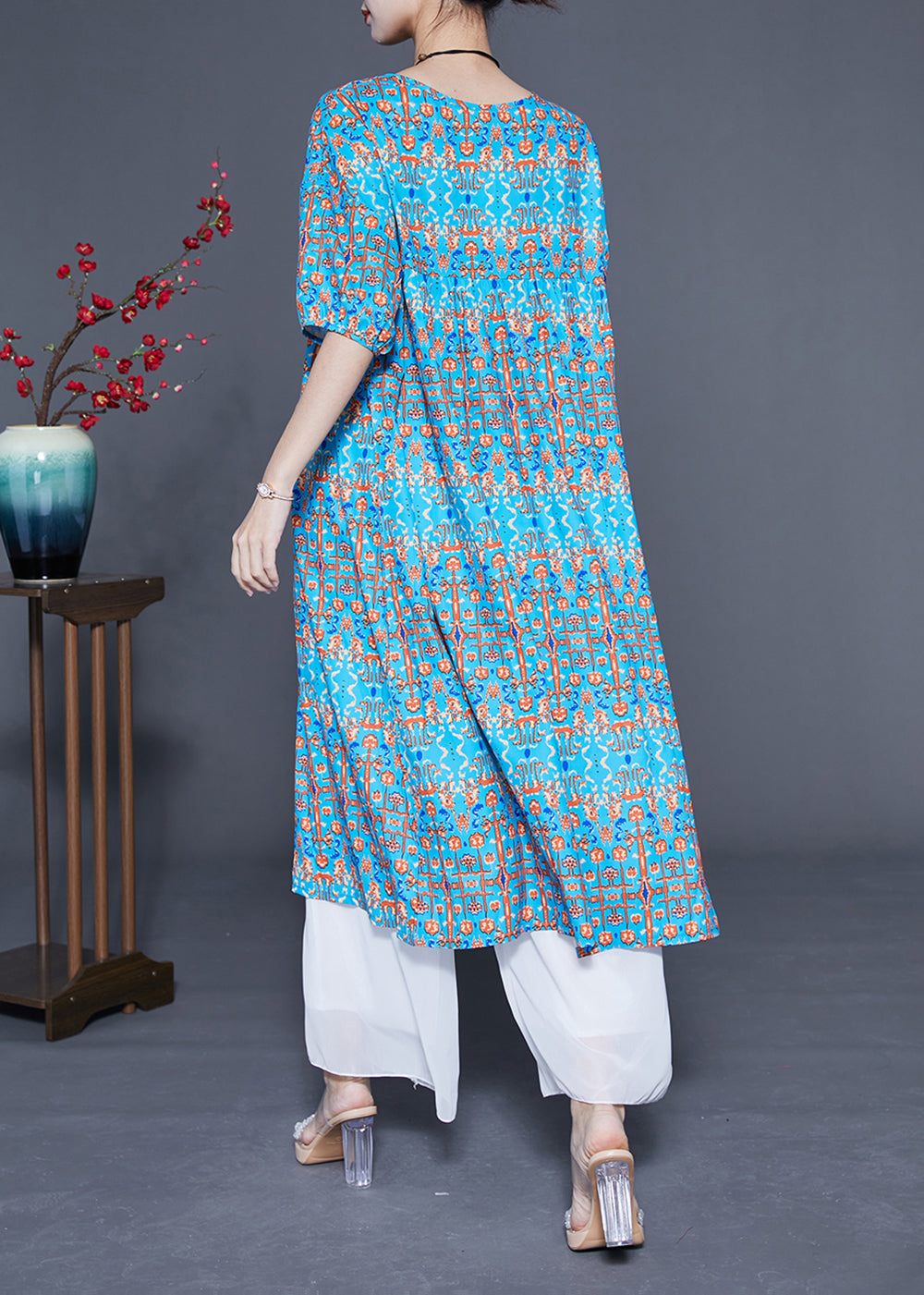 Stylish Blue Ruffled Print Silk Long Dresses Summer Lc0378