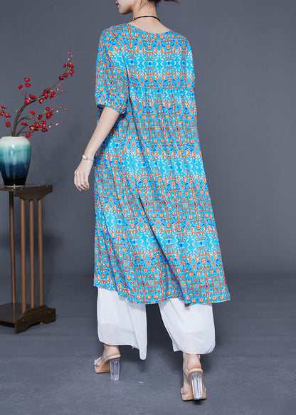 Stylish Blue Ruffled Print Silk Long Dresses Summer Lc0378