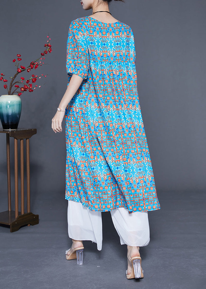 Stylish Blue Ruffled Print Silk Long Dresses Summer Lc0378
