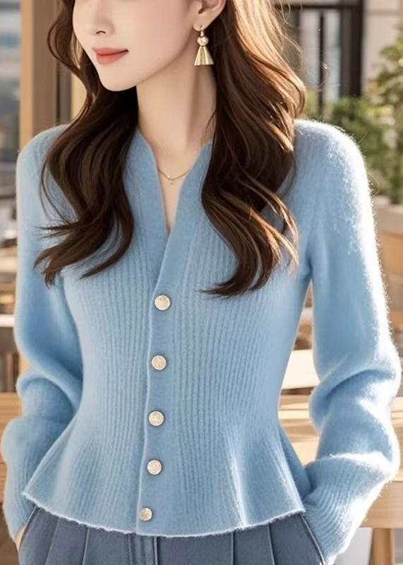 Stylish Blue V Neck Button Knit Sweater Spring Tf016